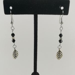 Simple delicate leaf earrings black faceted glass beads